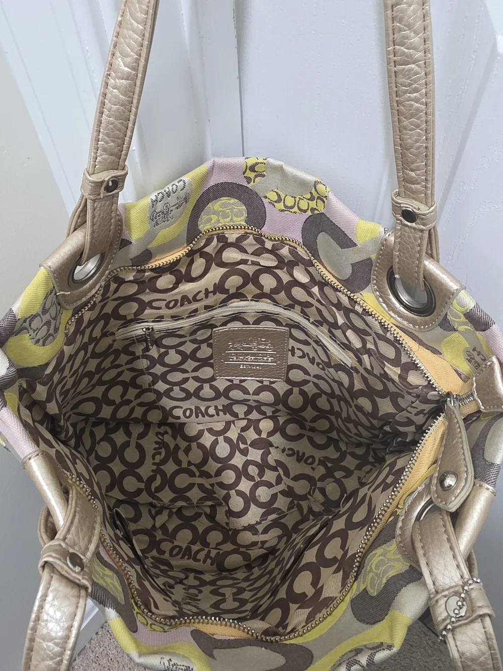 Coach Canvas Tote in Yellow, Pink, and Gray Circle Print with Metallic Handles